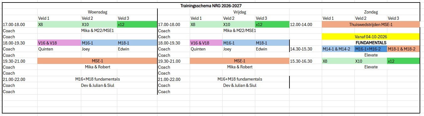 Trainingsschema NRG 2026–2027 met per veld de tijden op woensdag, vrijdag en zondag